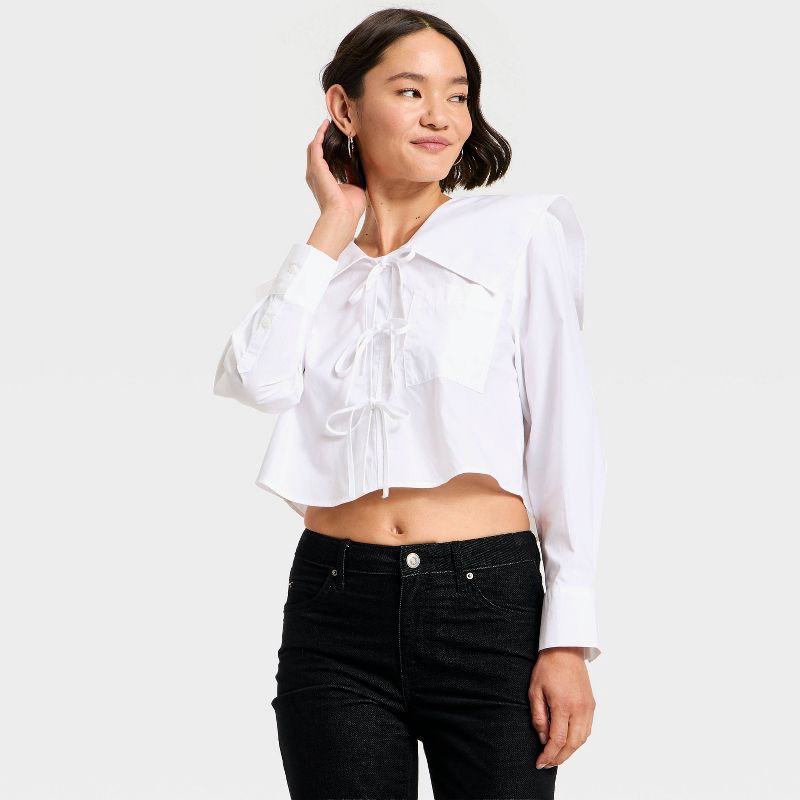 slide 3 of 3, Women's Long Sleeve Relaxed V-Neck Tie-Front Blouse - Future Collective White XS, 1 ct