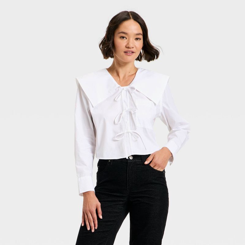 slide 1 of 3, Women's Long Sleeve Relaxed V-Neck Tie-Front Blouse - Future Collective White M, 1 ct