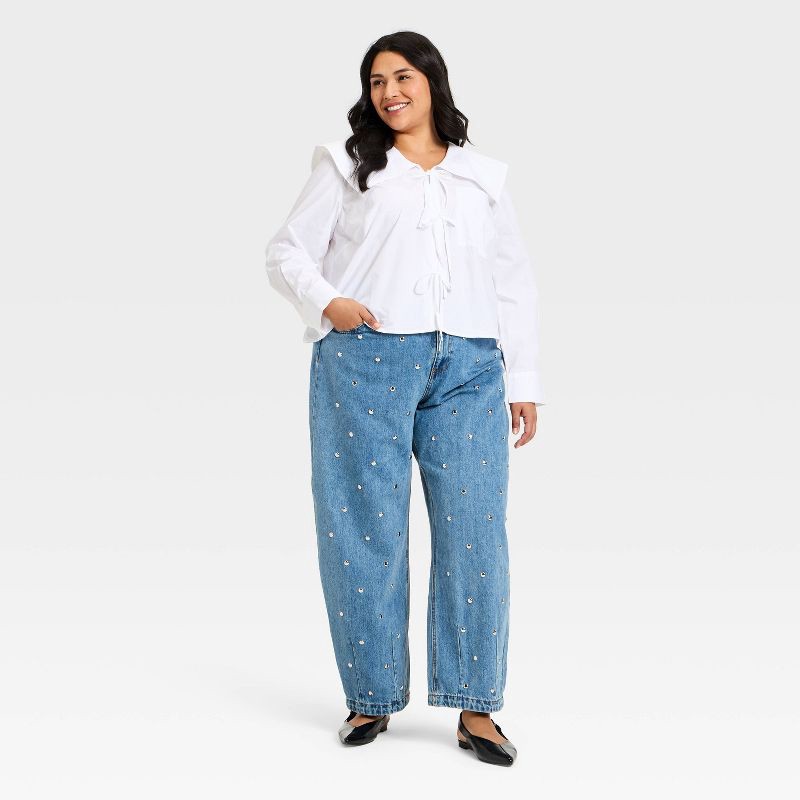 slide 3 of 3, Women's Long Sleeve Relaxed V-Neck Tie-Front Blouse - Future Collective White XXL, 1 ct