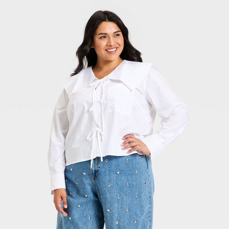 slide 1 of 3, Women's Long Sleeve Relaxed V-Neck Tie-Front Blouse - Future Collective White XXL, 1 ct