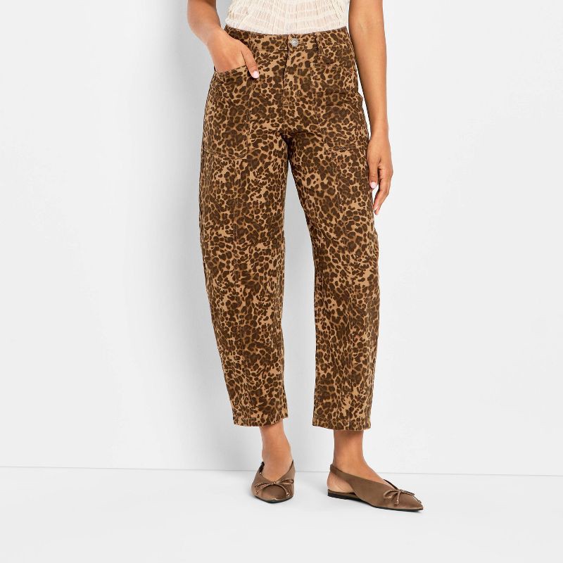 slide 1 of 3, Women's Mid-Rise Barrel Leg Jeans - Future Collective Brown Leopard Print 0, 1 ct