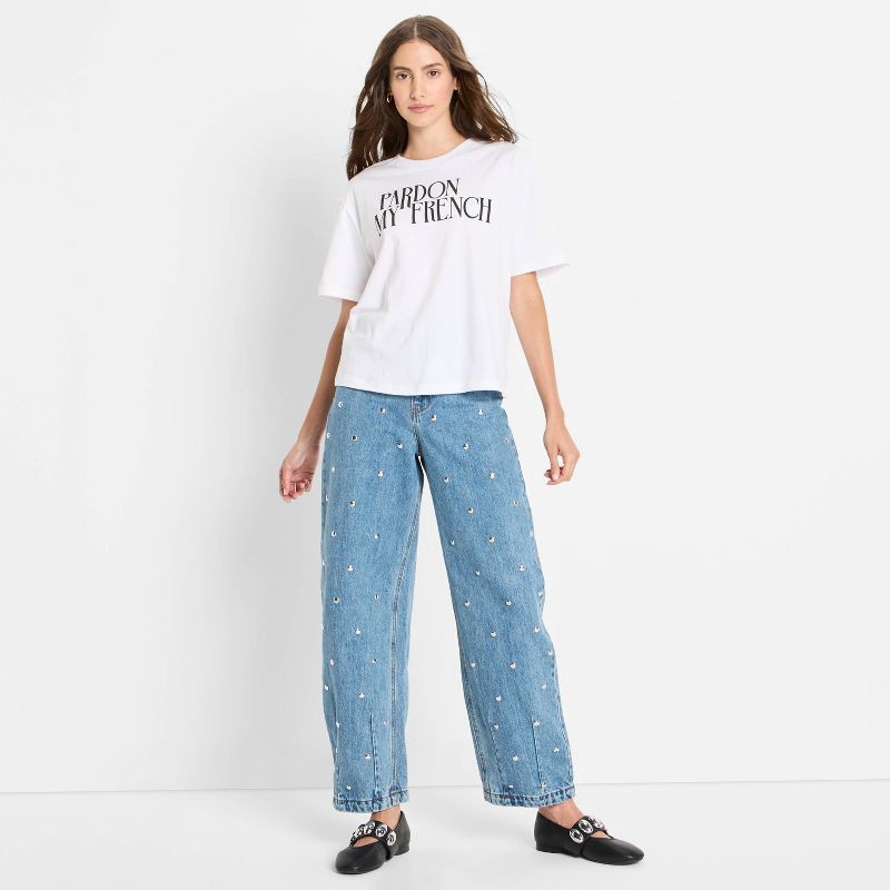 slide 3 of 3, Women's Mid-Rise Studded Barrel Leg Jeans - Future Collective Blue Denim 00, 1 ct