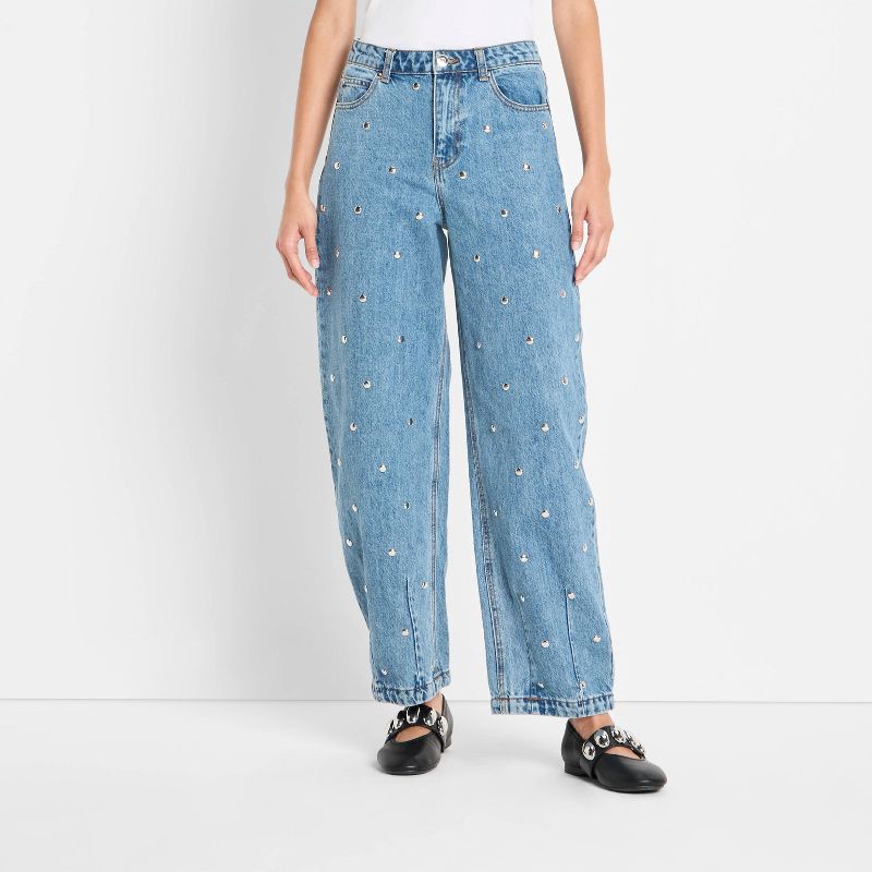 slide 1 of 3, Women's Mid-Rise Studded Barrel Leg Jeans - Future Collective Blue Denim 00, 1 ct