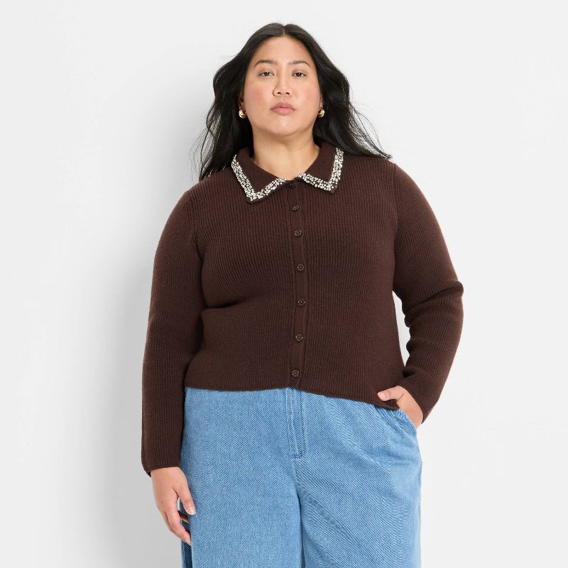 slide 1 of 3, Women's Embellished Collar Cardigan Sweater - Future Collective Dark Brown XXL, 1 ct