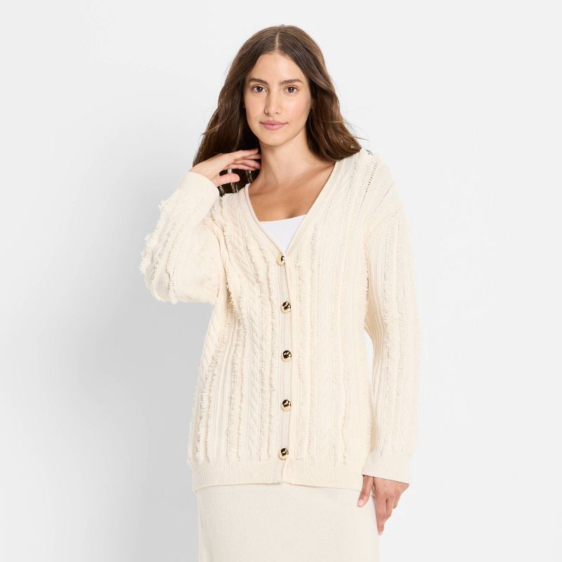 slide 1 of 3, Women's Relaxed Cardigan Sweater - Future Collective Cream S, 1 ct