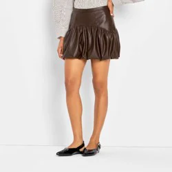 Women's Drop Waist Faux Leather Bubble Mini A-Line Skirt - Future Collective Brown M