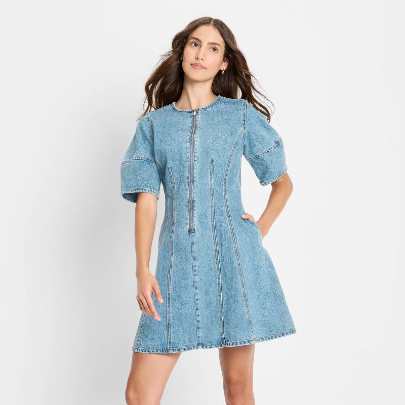 slide 1 of 3, Women's Corset Denim Mini A-Line Dress - Future Collective Medium Wash XS, 1 ct