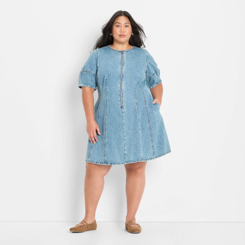 slide 1 of 3, Women's Corset Denim Mini A-Line Dress - Future Collective Medium Wash XXL, 1 ct