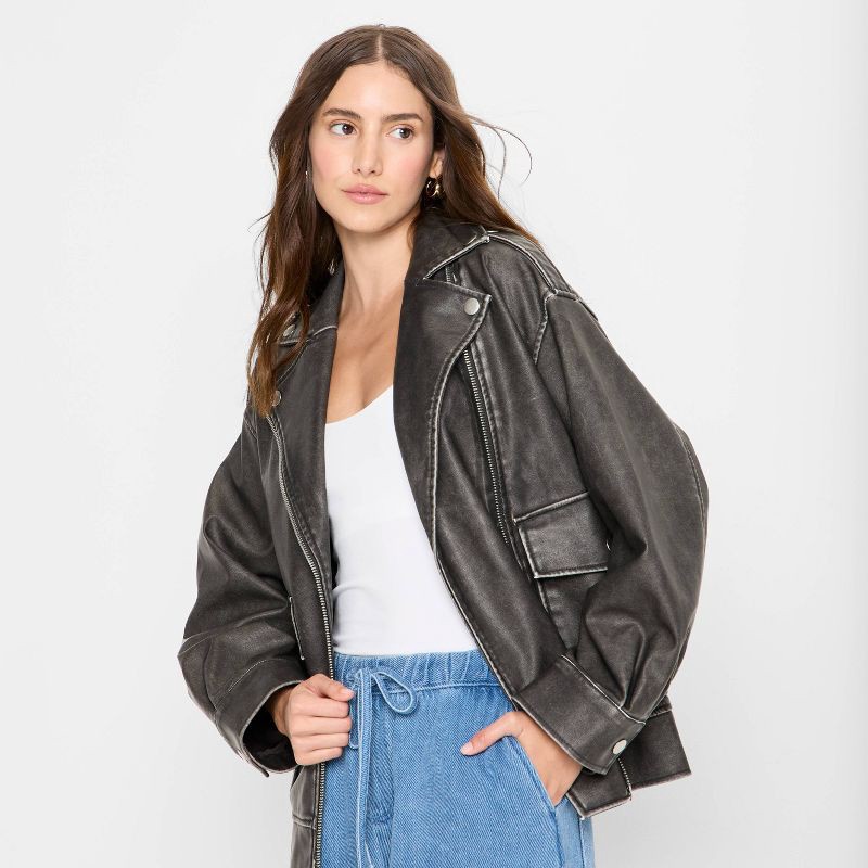 slide 3 of 3, Women's Relaxed Leather Moto Jacket - Future Collective Black L, 1 ct