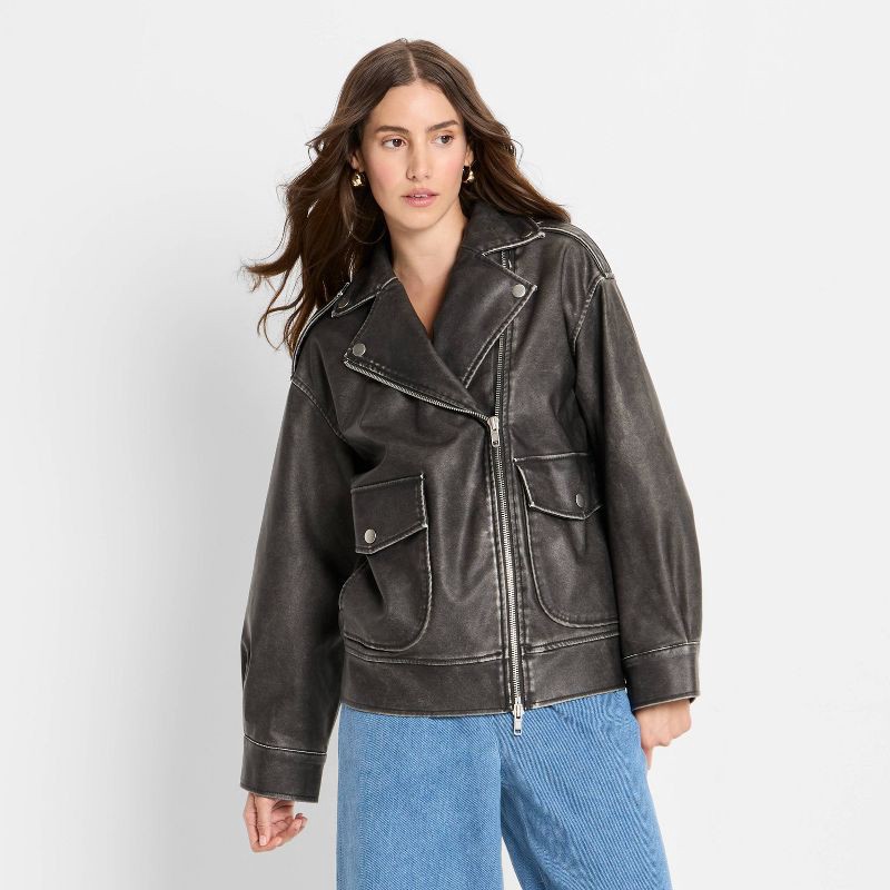 slide 1 of 3, Women's Relaxed Leather Moto Jacket - Future Collective Black XL, 1 ct