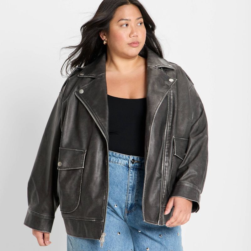 slide 3 of 3, Women's Relaxed Leather Moto Jacket - Future Collective Black XXL, 1 ct