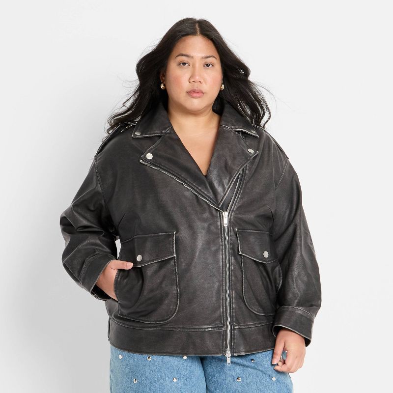 slide 1 of 3, Women's Relaxed Leather Moto Jacket - Future Collective Black XXL, 1 ct