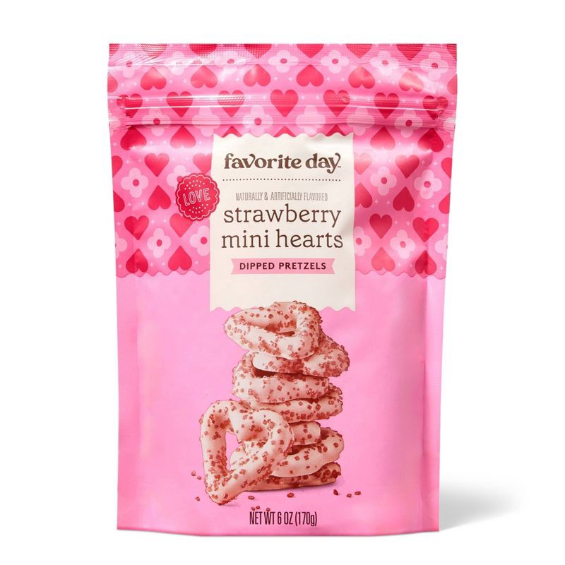 slide 1 of 3, Valentine's Pink Strawberry Heart Shaped Pretzels with Red Sugar Crystals - 6oz - Favorite Day™, 6 oz