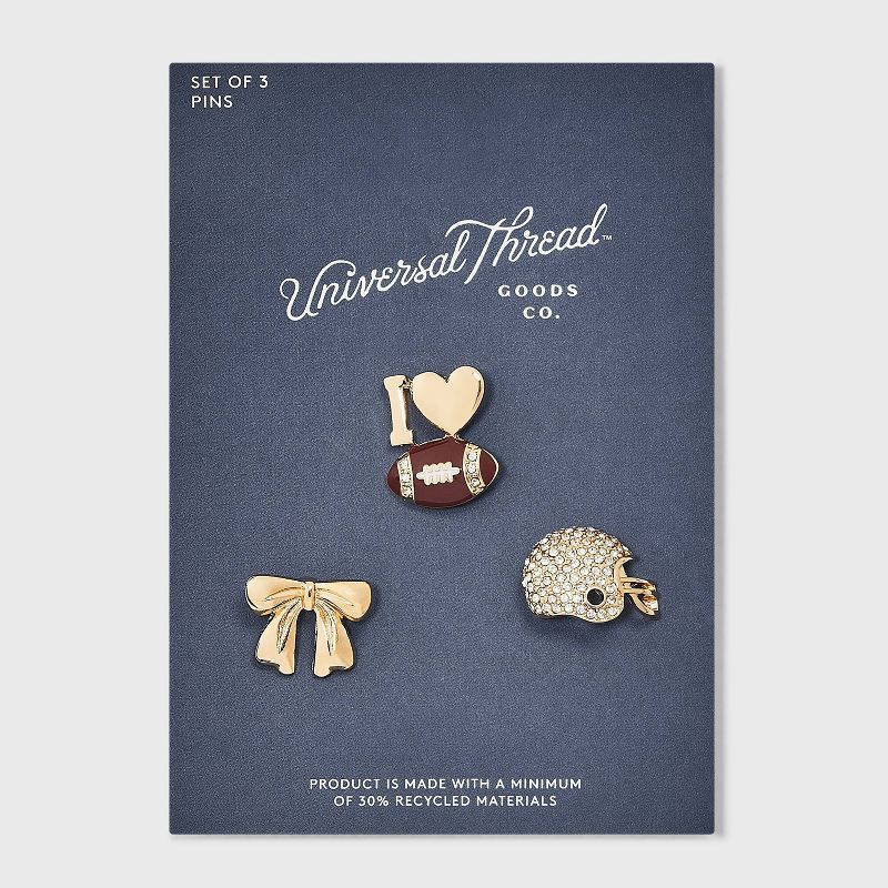 slide 2 of 2, I Love Football Pin Set 3pc - Universal Thread™ Gold/Brown, 3 ct