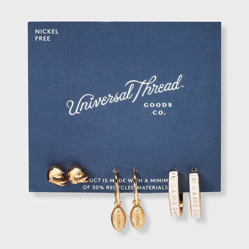 slide 3 of 3, Football Game Day Earring Set 3pc - Universal Thread™ Gold, 3 ct
