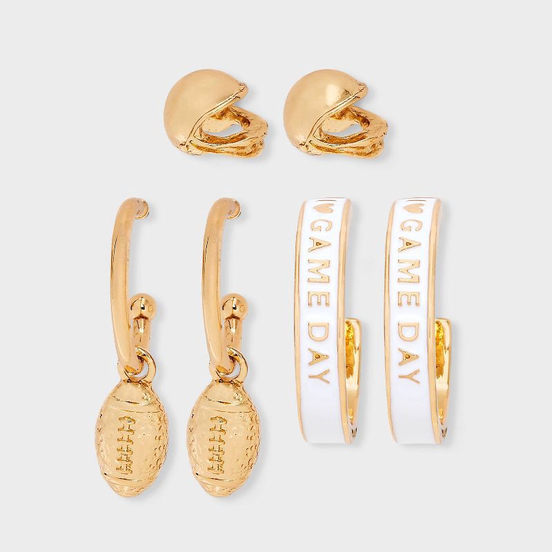 slide 1 of 3, Football Game Day Earring Set 3pc - Universal Thread™ Gold, 3 ct