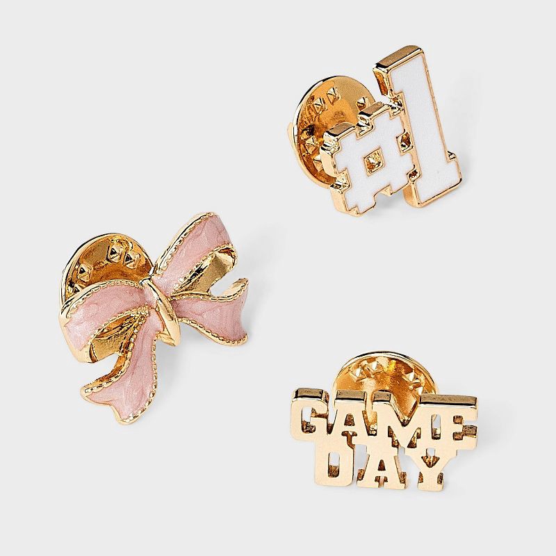 slide 1 of 2, Game Day Bow Pin Set 3pc - Universal Thread™ Gold/Pink/White, 3 ct