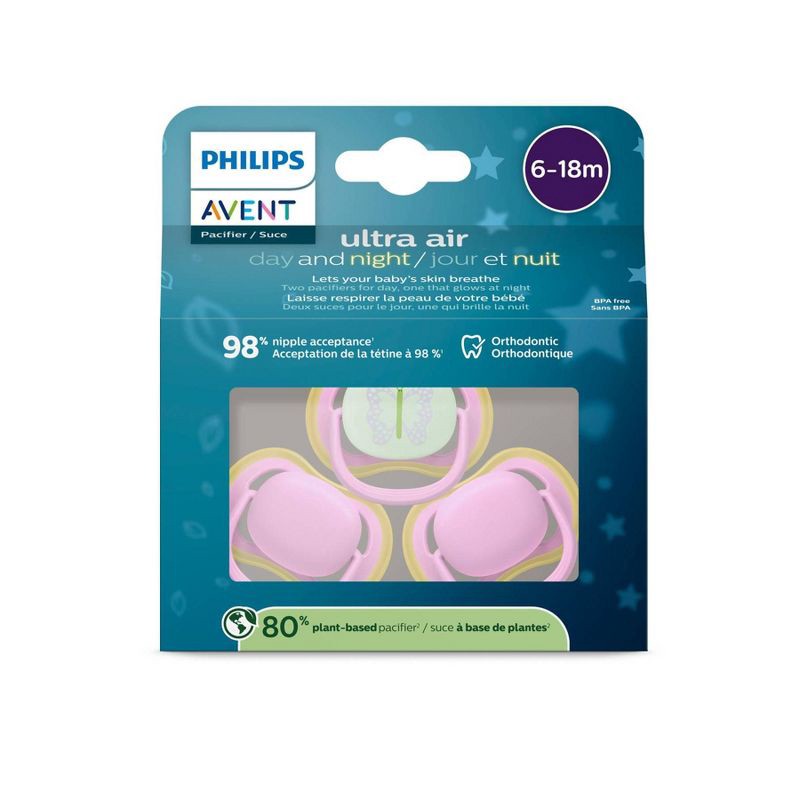 slide 5 of 5, Philips Avent Ultra Air Pacifiers 6-18m - Pink/Butterfly Day+Night - 3pk, 3 ct
