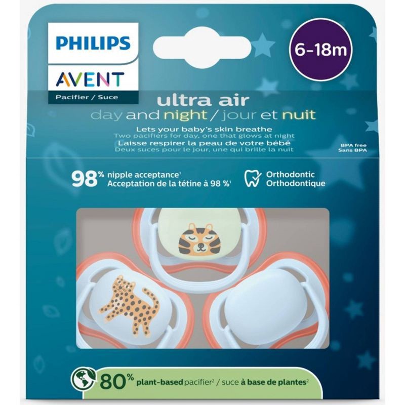 slide 4 of 4, Philips Avent Ultra Air Pacifiers 6-18m - Leopard/Sleeping Tiger Day+Night - 3pk, 3 ct