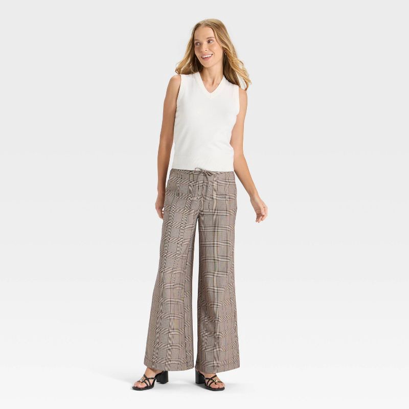 slide 3 of 3, Women's Wide Leg Pull-On Pants - A New Day™ Gray Plaid L, 1 ct