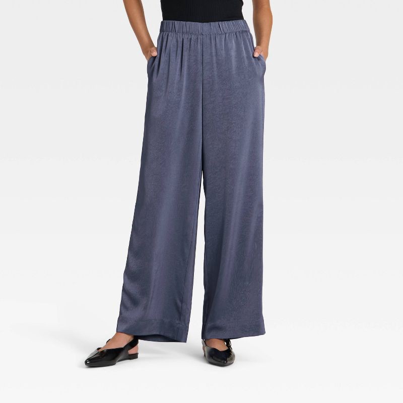 slide 1 of 3, Women's Crinkled Satin Pull-On Pants - A New Day™ Blue XL, 1 ct