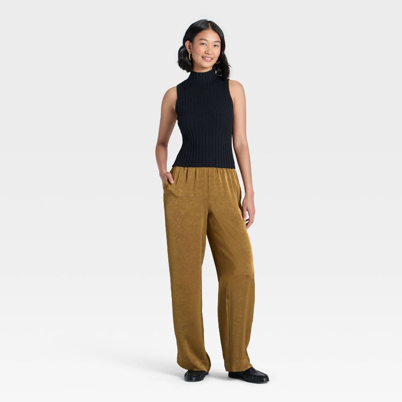 slide 3 of 3, Women's Crinkled Satin Pull-On Pants - A New Day™ Brown M, 1 ct