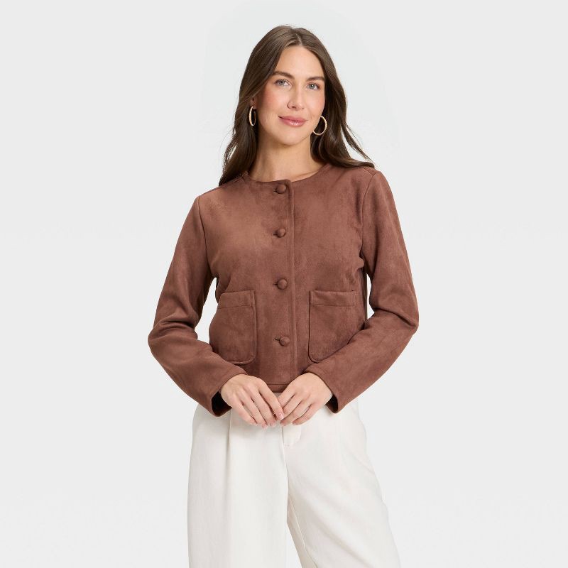 slide 1 of 3, Women's Faux Suede Lady Jacket - A New Day™ Brown XS, 1 ct