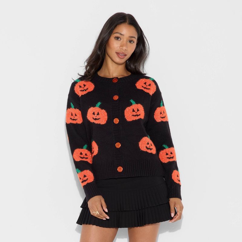 slide 2 of 3, 33 Degrees Women's Pumpkin Graphic Cardigan - Black XS, 1 ct