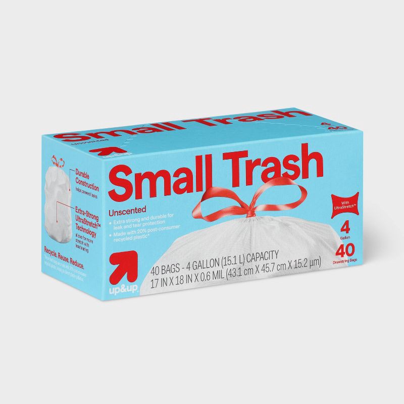 slide 3 of 3, UltraStretch Drawstring Small Trash Bags - Unscented - 4 Gallon - 40ct - up&up™, 4 gal, 40 ct