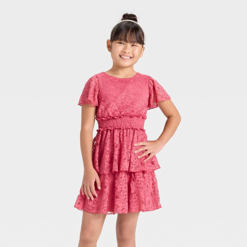 slide 1 of 3, Girls' Zenzi Tiered Lace A-Line Dress - Rose Pink L, 1 ct