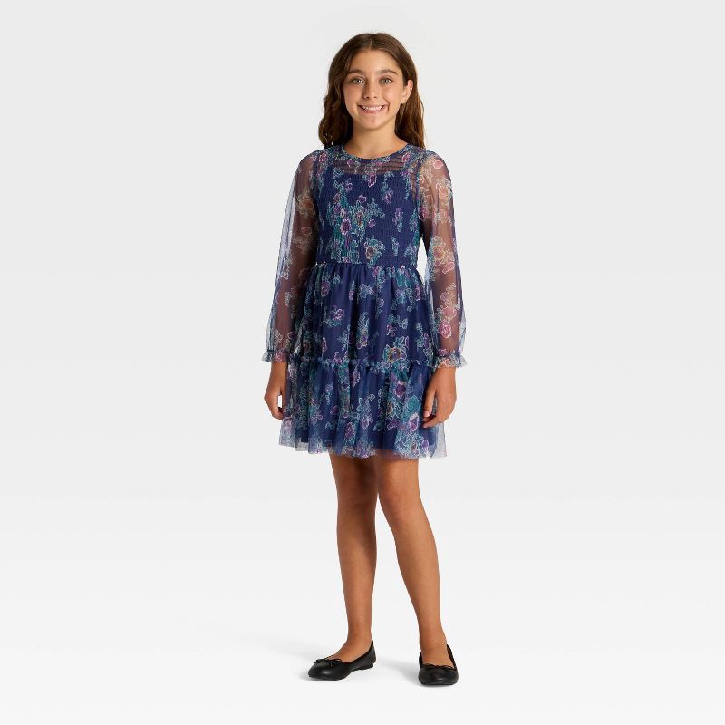 slide 3 of 3, Girls' Zenzi Long Sleeve Floral Printed Mesh A-Line Dress - Navy Blue S, 1 ct