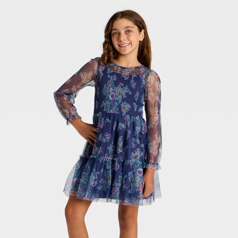 slide 1 of 3, Girls' Zenzi Long Sleeve Floral Printed Mesh A-Line Dress - Navy Blue XL, 1 ct