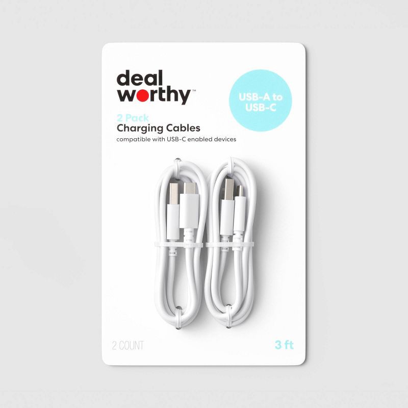 slide 1 of 3, 3ft USB-A to USB-C 2pk Cable - dealworthy™ - White, 3 ft, 2 ct