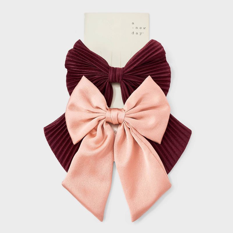 slide 2 of 3, Textured Bow Hair Barrette Set 2pc - A New Day™ Pink/Red, 2 ct