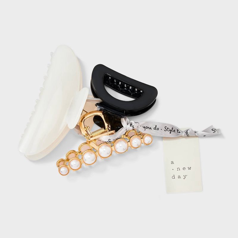slide 2 of 3, Classic Hair Claw Clip Set 3pc - A New Day™ Gold/Black/White, 3 ct