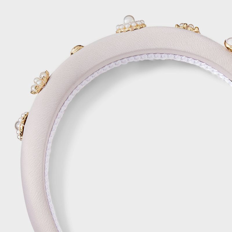 slide 3 of 3, Satin Pearl and Stone Embellishment Padded Headband - A New Day™ White, 1 ct