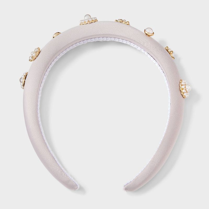 slide 1 of 3, Satin Pearl and Stone Embellishment Padded Headband - A New Day™ White, 1 ct