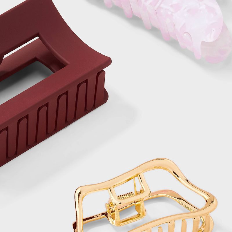 slide 3 of 3, Mixed Shape Abstract Claw Hair Clip Set 3pc - Universal Thread™ Gold/Maroon/Pink, 3 ct