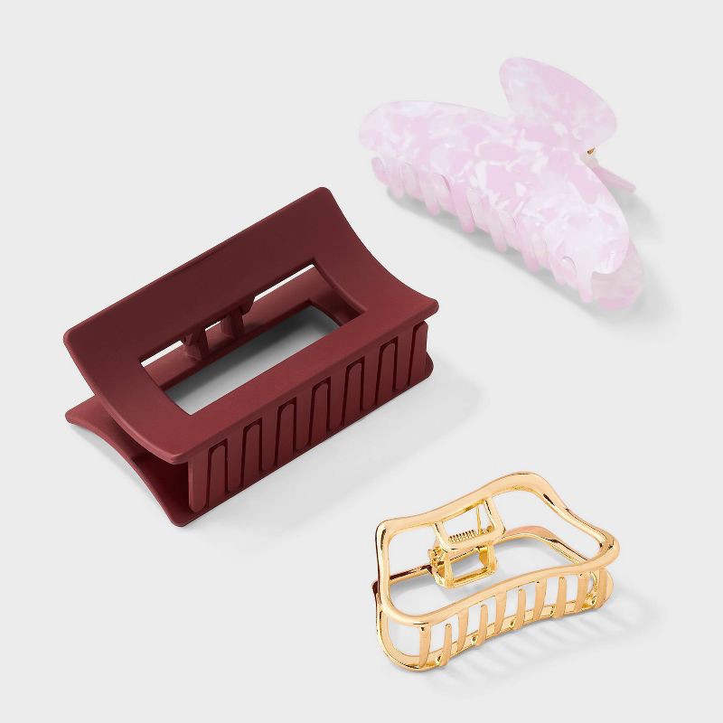 slide 1 of 3, Mixed Shape Abstract Claw Hair Clip Set 3pc - Universal Thread™ Gold/Maroon/Pink, 3 ct