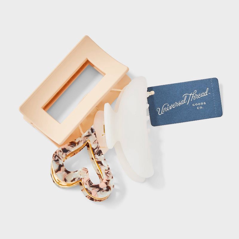 slide 2 of 3, Mixed Shape Heart Claw Hair Clip Set 3pc - Universal Thread™ Gold/White, 3 ct
