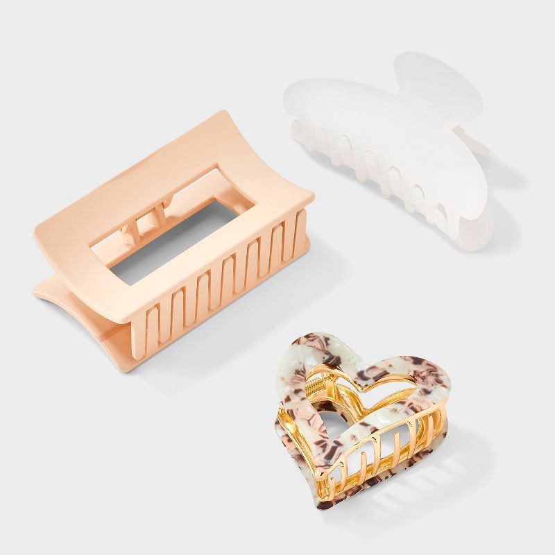 slide 1 of 3, Mixed Shape Heart Claw Hair Clip Set 3pc - Universal Thread™ Gold/White, 3 ct