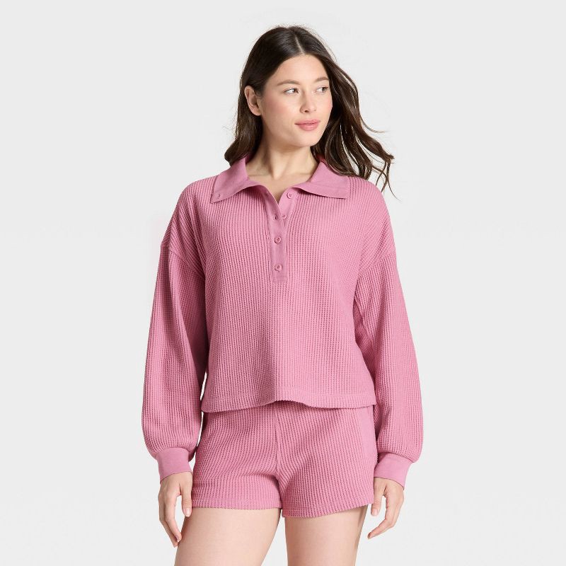 slide 1 of 3, Women's Waffle Henley Sweatshirt - Auden™ Pink XS, 1 ct