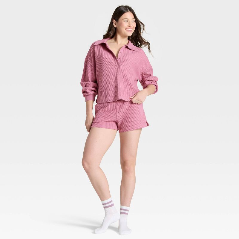 slide 3 of 3, Women's Waffle Henley Sweatshirt - Auden™ Pink S, 1 ct