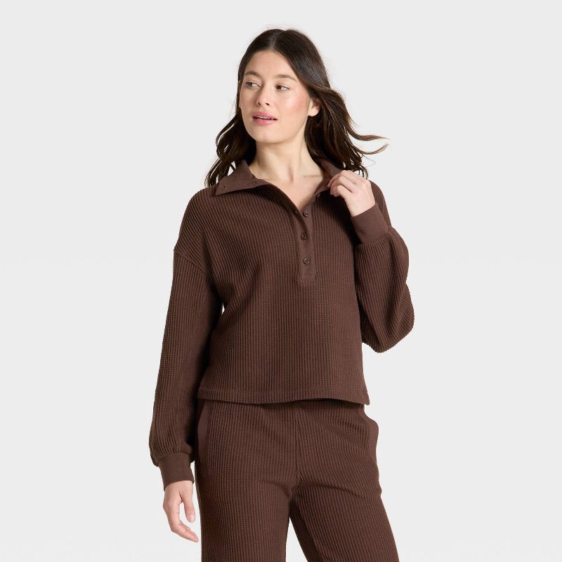 slide 1 of 3, Women's Waffle Henley Sweatshirt - Auden™ Brown M, 1 ct