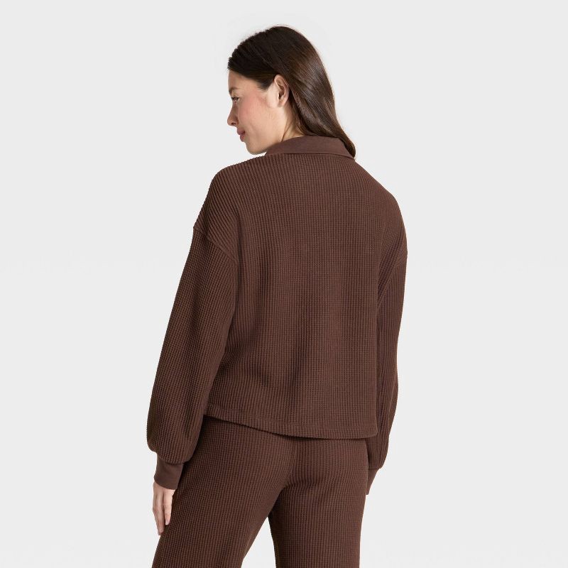 slide 2 of 3, Women's Waffle Henley Sweatshirt - Auden™ Brown L, 1 ct