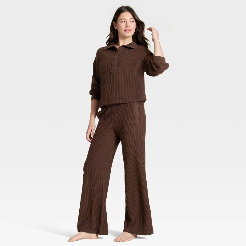 slide 3 of 3, Women's Waffle Henley Sweatshirt - Auden™ Brown XL, 1 ct