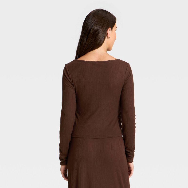 slide 2 of 3, Women's Variegated Ribbed Long Sleeve Pajama Top - Auden™ Brown M, 1 ct