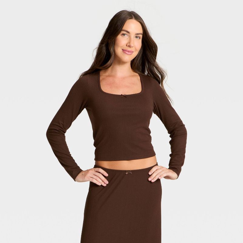 slide 1 of 3, Women's Variegated Ribbed Long Sleeve Pajama Top - Auden™ Brown XXL, 1 ct