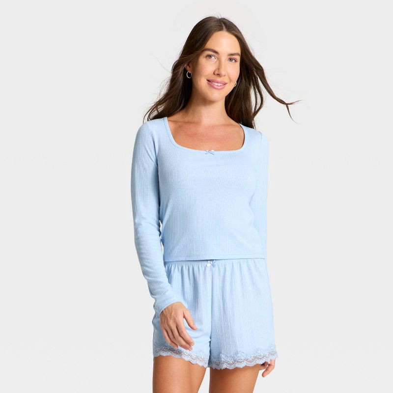 slide 1 of 3, Women's Variegated Ribbed Long Sleeve Pajama Top - Auden™ Blue S, 1 ct