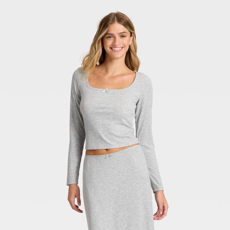 slide 1 of 3, Women's Variegated Ribbed Long Sleeve Pajama Top - Auden™ Gray L, 1 ct